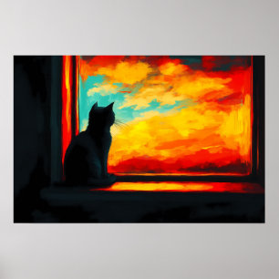 ポップアートの猫と夕日 - 窓からの眺め ポスター