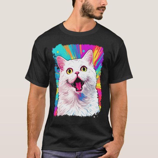 ポップアートの白ネコ Tシャツ (正面)