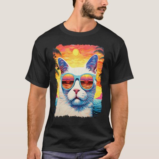 ポップアートの白猫ハワイアン Tシャツ (正面)