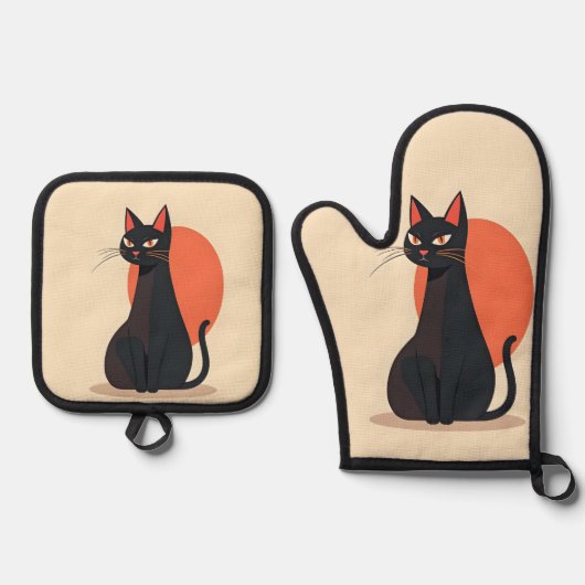 ポップアートの黒猫とオレンジ色の太陽 鍋つかみ&鍋敷きセット (正面)