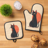 ポップアートの黒猫とオレンジ色の太陽 鍋つかみ&鍋敷きセット (トップダウン)