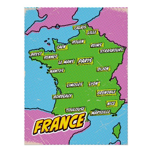 ポップアートイラストフランス地図 ポスター (正面)