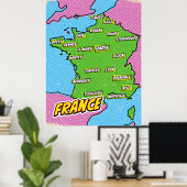 ポップアートイラストフランス地図 ポスター (ホームオフィス)