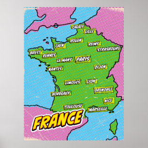 ポップアートイラストフランス地図 ポスター