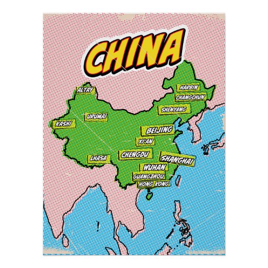 ポップアートイラスト中国地図 ポスター (正面)