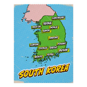 ポップアートイラスト大韓民国地図 ポスター