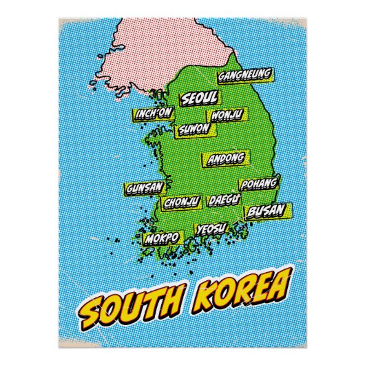 ポップアートイラスト大韓民国地図 ポスター (正面)