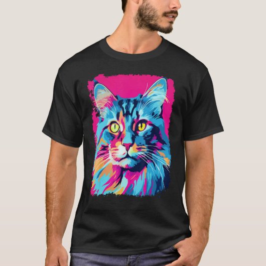 ポップアートメインクーン猫ピンク Tシャツ (正面)