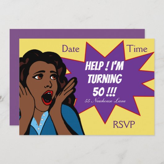 ポップアート風おもしろい50歳の誕生日パーティー 招待状 (正面/裏面)