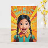 ポップアート風のアジア系アメリカ人女子の6歳の誕生日 カード (黄色い花)