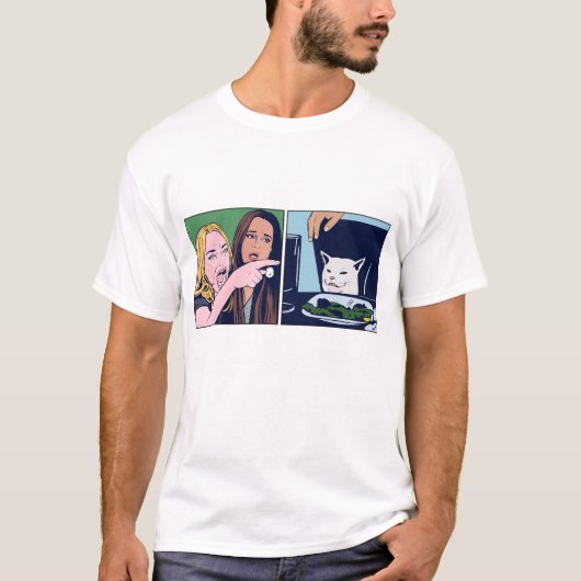 ポップアート風の猫に怒る女性のミーム Tシャツ (正面)