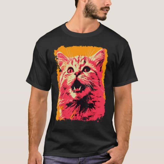 ポップアート オレンジ ショウガ色 ピンク 猫 Tシャツ (正面)