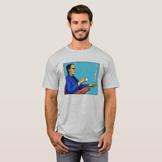 ポップアート フランケンシュタインのモンスター 紅茶を飲む ハーフトーン Tシャツ (正面フル)