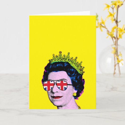 ポップアート モダン ファン ハー マジェスティ イギリス国旗のメガネの女王 カード (黄色い花)