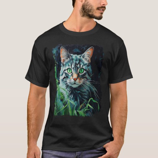 ポップアート 猫 グリーン Tシャツ (正面)