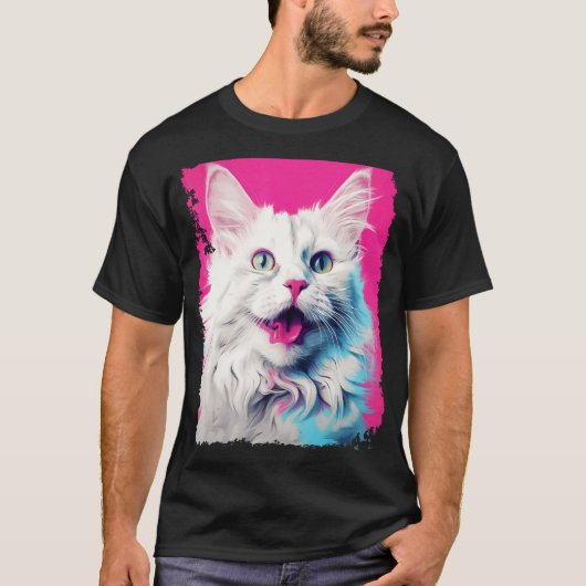ポップアート 白猫 ピンク Tシャツ (正面)
