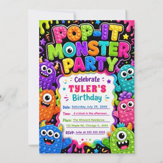 ポップイットのかわいいモンスターの誕生日パーティー 招待状 (正面)