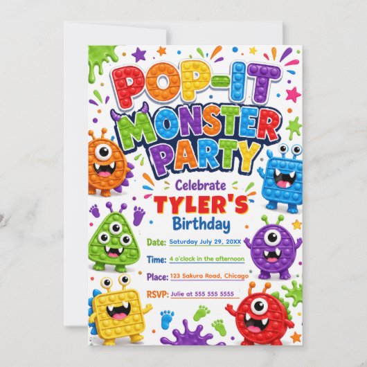 ポップイットのかわいいモンスター 誕生日パーティー 招待状 (正面)