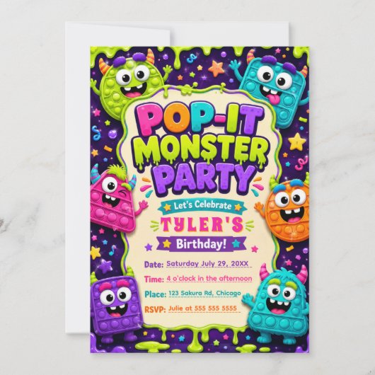 ポップイットのかわいいモンスター 誕生日パーティー 招待状 (正面)