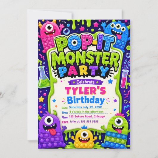 ポップイットのかわいいモンスター 誕生日パーティー 招待状 (正面)