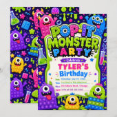 ポップイットのかわいいモンスター 誕生日パーティー 招待状 (正面/裏面)