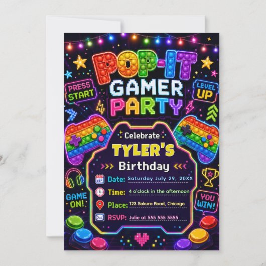 ポップイットゲーマーパーティー 誕生日パーティー 招待状 (正面)