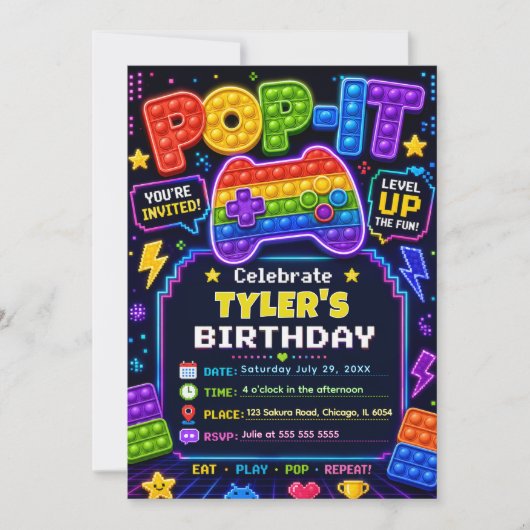 ポップイットゲーマーパーティー 誕生日パーティー 招待状 (正面)