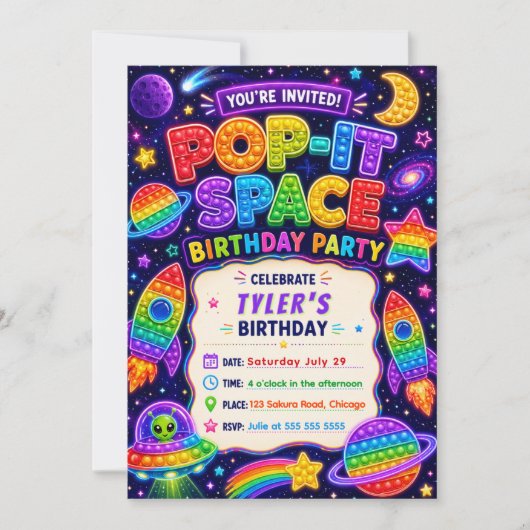 ポップイット宇宙誕生日パーティー 招待状 (正面)