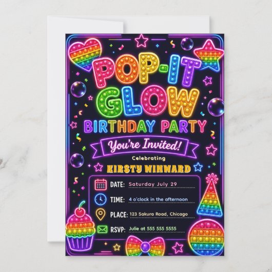 ポップイット グロー パーティー 誕生日パーティー 招待状 (正面)
