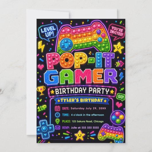 ポップイット ゲーマーパーティー 誕生日パーティー 招待状 (正面)