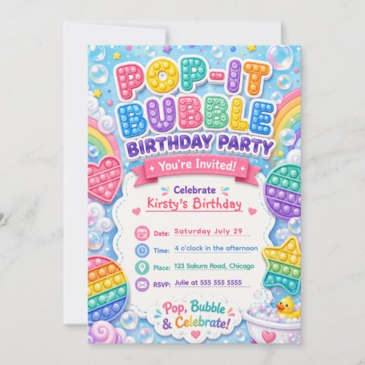 ポップイット バブル 誕生日パーティー 招待状 (正面)