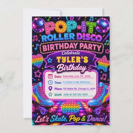 ポップイット ローラー ディスコ 誕生日パーティー 招待状 (正面)