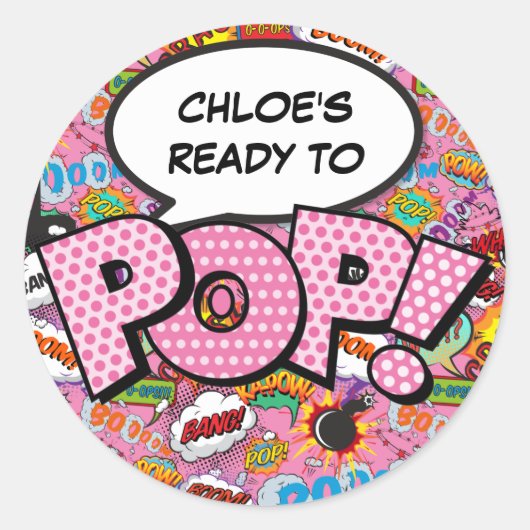 ポップコミックブックベイビーシャワースプリンクラーピンク ラウンドシール (正面)