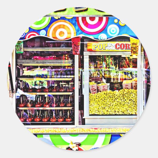 ポップコーンとキャンディリンゴ ラウンドシール (正面)