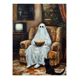 ポップコーンとハロウィーン幽霊テレビを見る ポスター