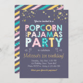 ポップコーンとパジャマの誕生日の招待スリーポバー 招待状 (正面/裏面)