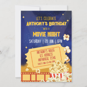 ポップコーンと映画の夜の誕生日 招待状