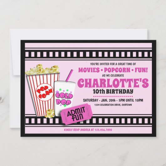 ポップコーンと映画の誕生日パーティーへの招待 招待状 (正面)