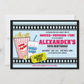 ポップコーンと映画の誕生日パーティーへの招待 招待状 (正面)