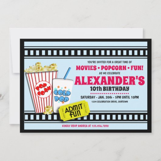 ポップコーンと映画の誕生日パーティーへの招待 招待状 (正面)