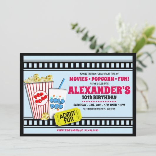 ポップコーンと映画の誕生日パーティーへの招待 招待状 (スタンド正面)