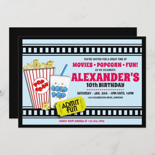 ポップコーンと映画の誕生日パーティーへの招待 招待状 (正面/裏面)