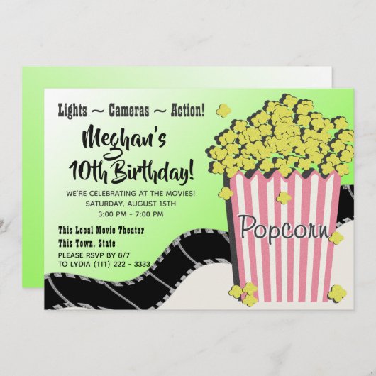 ポップコーンと映画ピンクとグリーン 招待状 (正面/裏面)