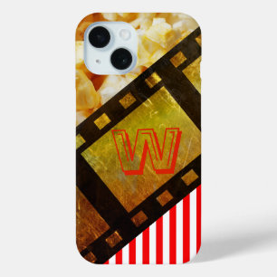 ポップコーンと映画リールフィルムシアター金ゴールド赤黒 iPhone 15ケース