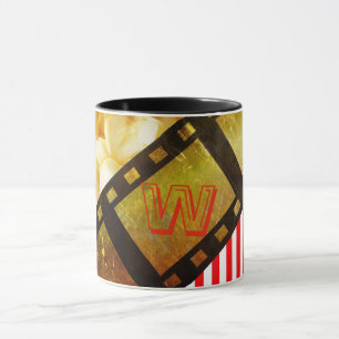 ポップコーンと映画リールフィルム金ゴールドブラックストライプの マグカップ