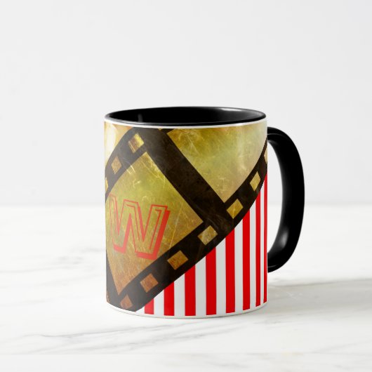 ポップコーンと映画リールフィルム金ゴールドブラックストライプの マグカップ (正面右)