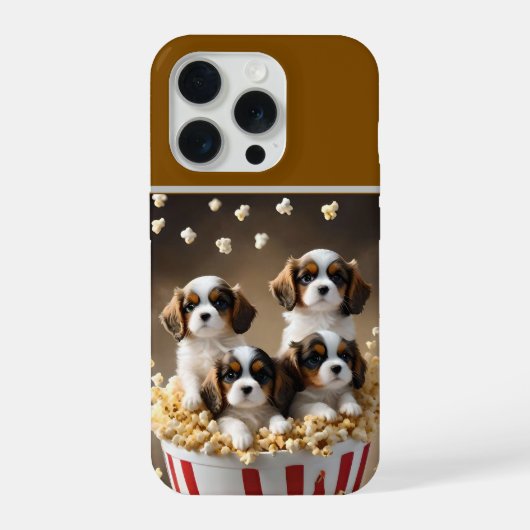 ポップコーンの中のキャバリア・スパニエル+仔犬 iPhoneケース (裏面)