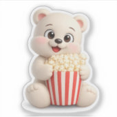 ポップコーンを食べるかわいいクマのキャラクター シール (正面)