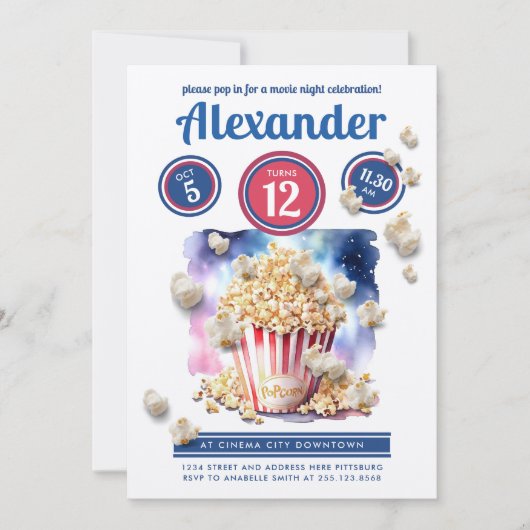 ポップコーンクール映画ナイトシネマパーティー水彩 招待状 (正面)