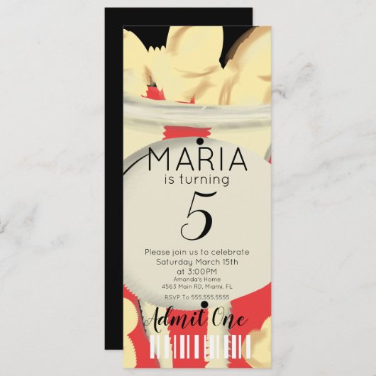 ポップコーンハンドドロードムービーチケットスタイルパーティーI 招待状 (正面/裏面)